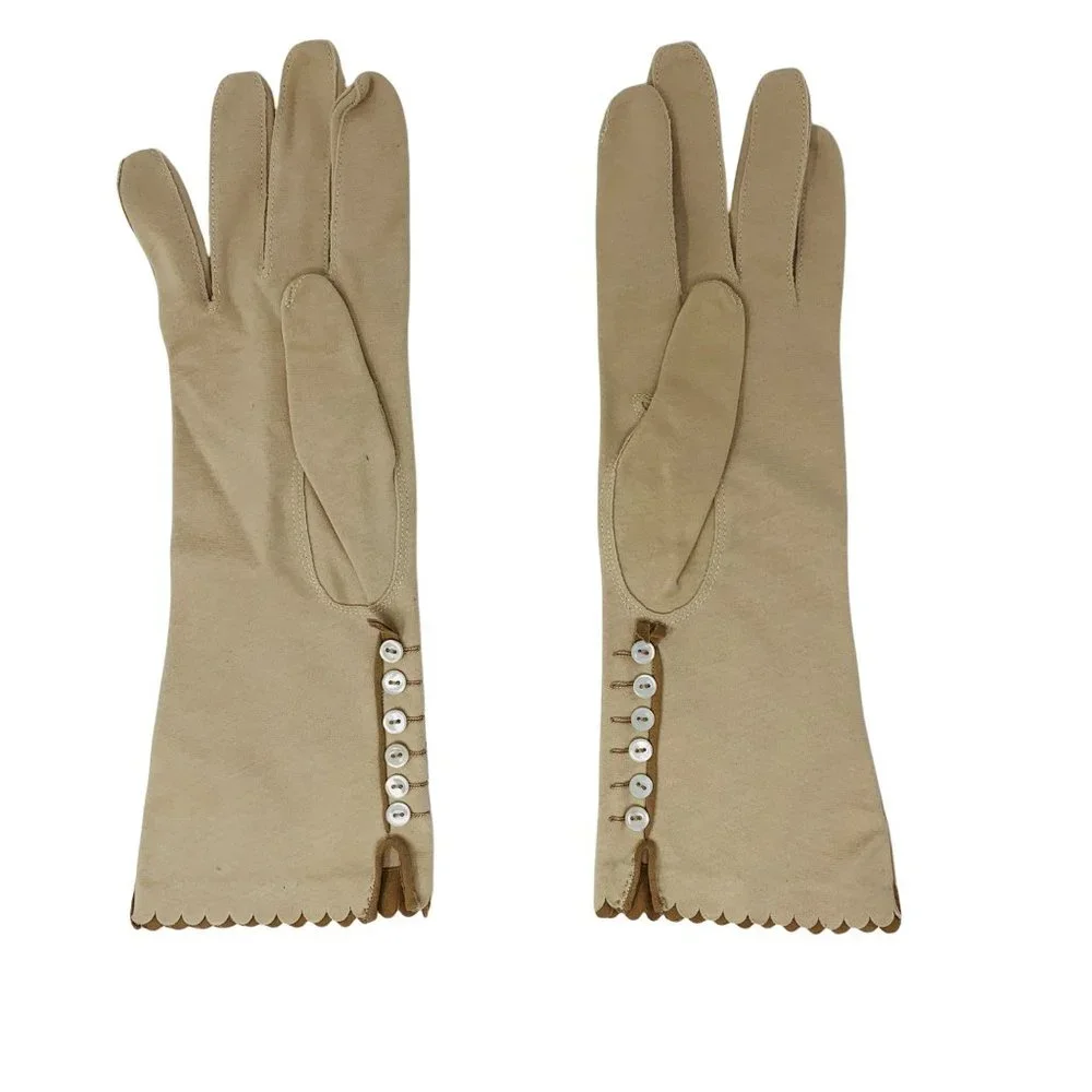 Vintage 1950s Tan & Brown Scalloped Gloves 3 Quarter Length